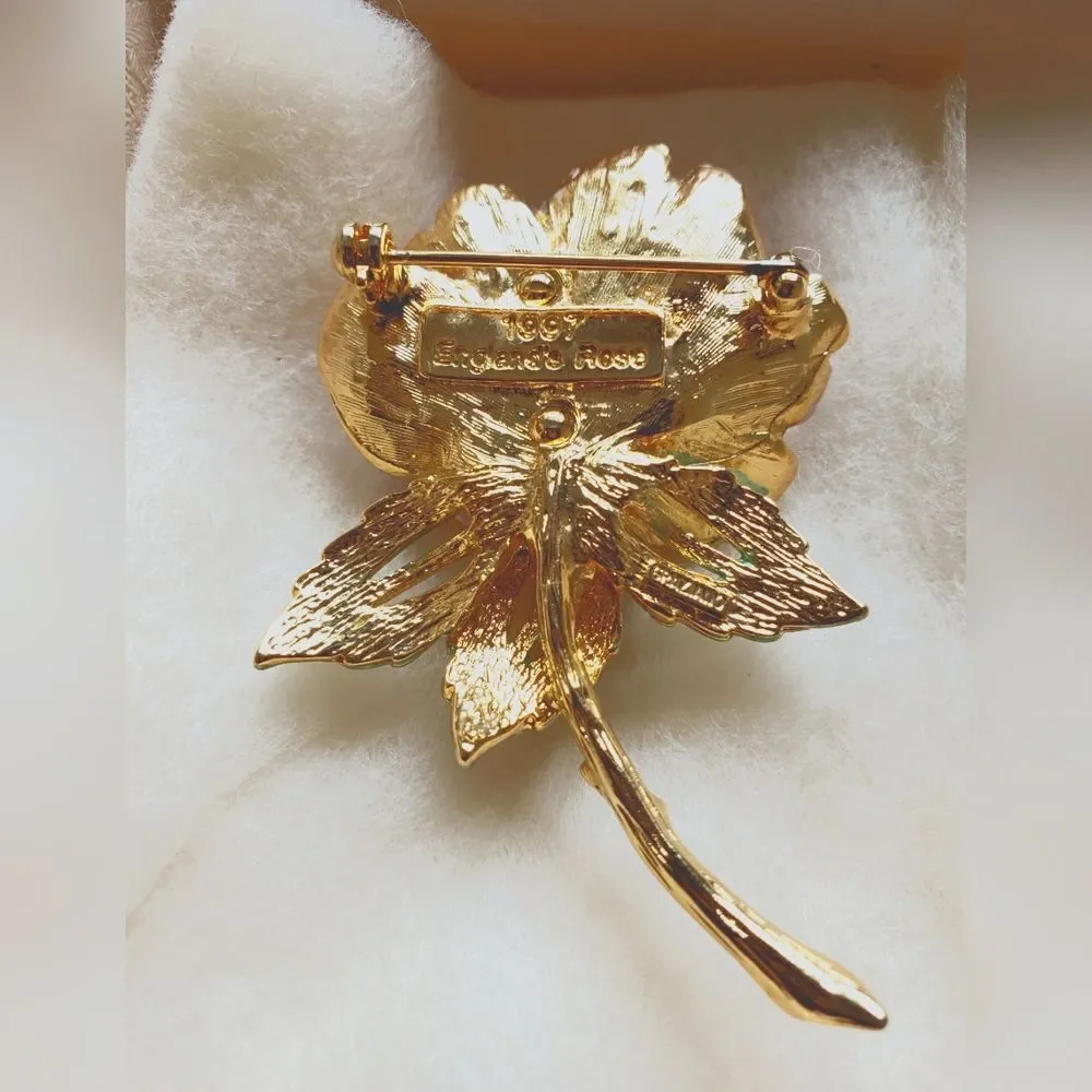 1997 Vintage England Rose Flower Brooch with rhinstones